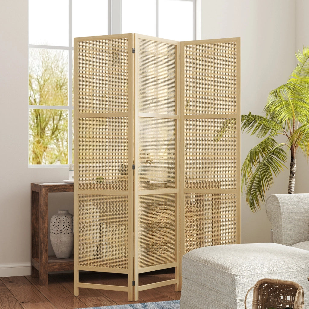 Paravento pieghevole a 3 pannelli 135 x 180 cm in rattan con struttura in legno di pino, naturale