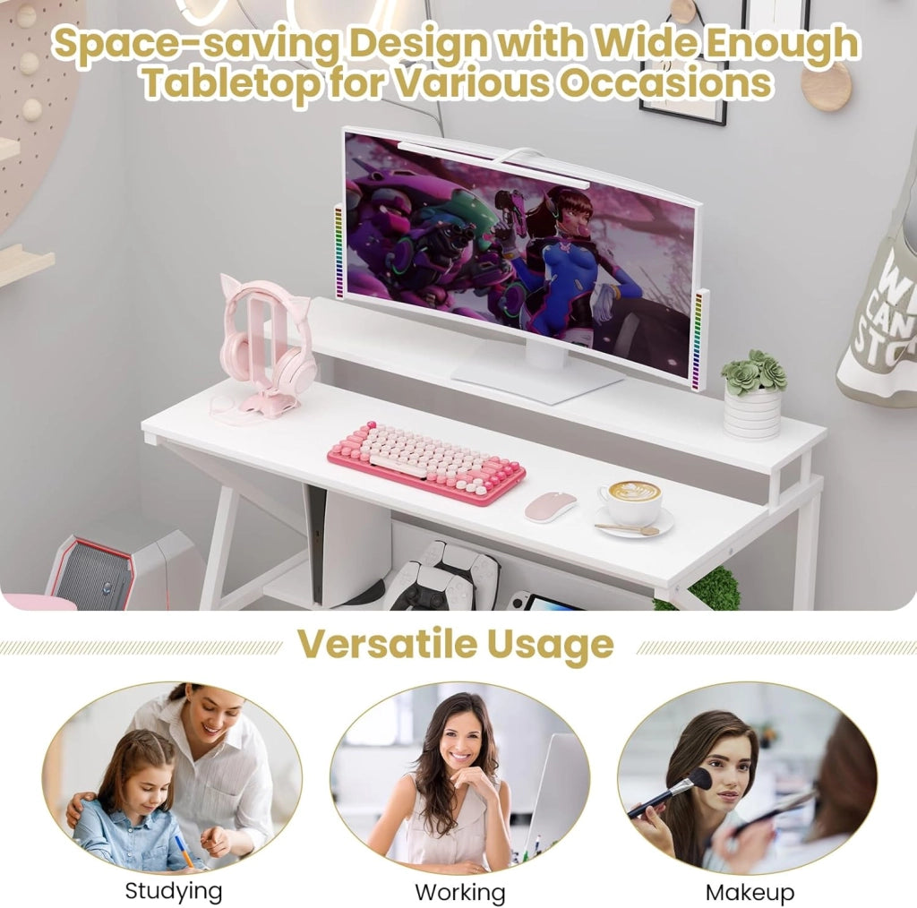 Scrivania per computer con supporto per monitor, mensola portaoggetti e gancio laterale, 100 x 48 x 81,5 cm, tavolo da lavoro moderno per ufficio, camera da letto