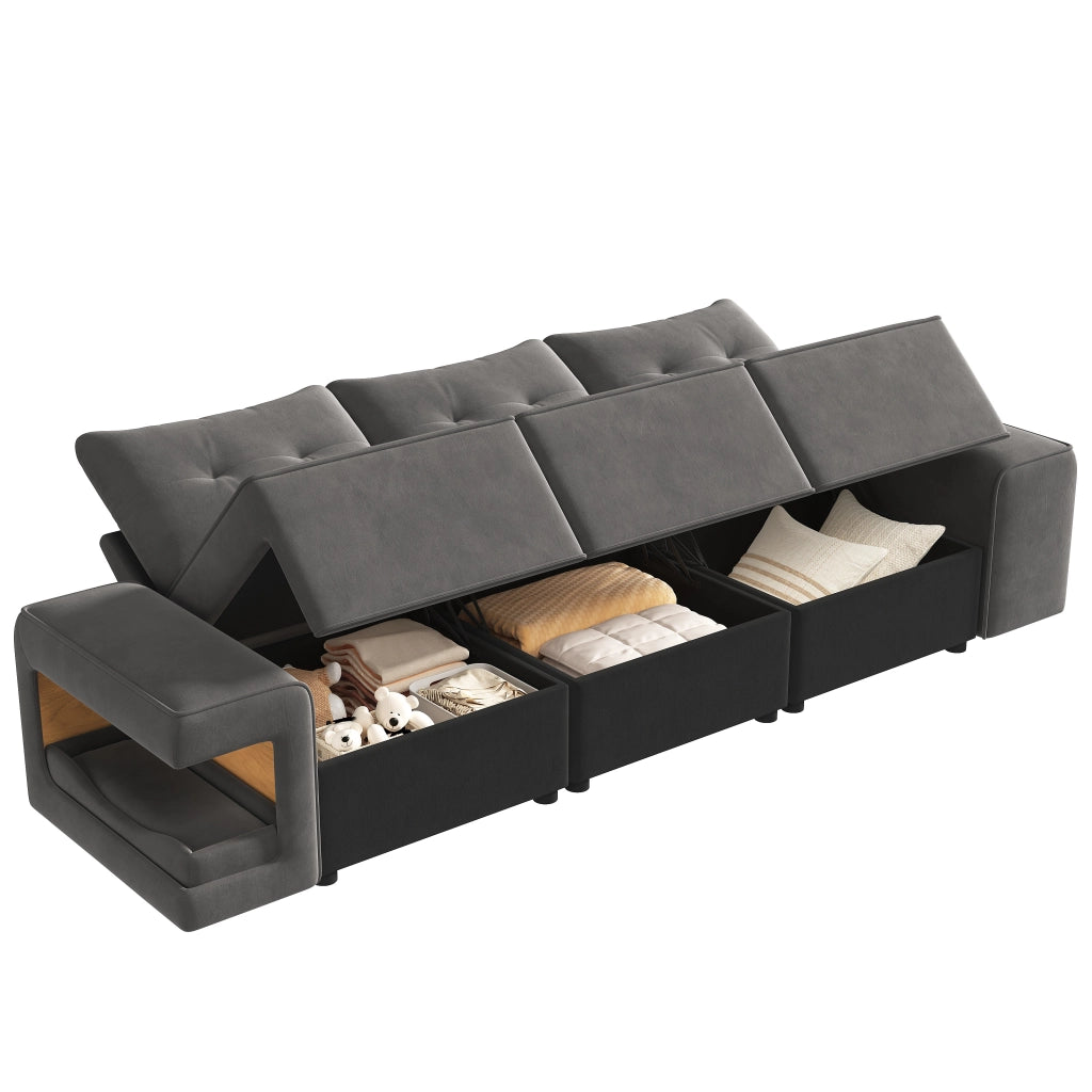 Divano modulare a 3 posti con braccioli larghi e vani portaoggetti, nicchie per animali in velluto grigio 229,5 × 78 × 84 cm