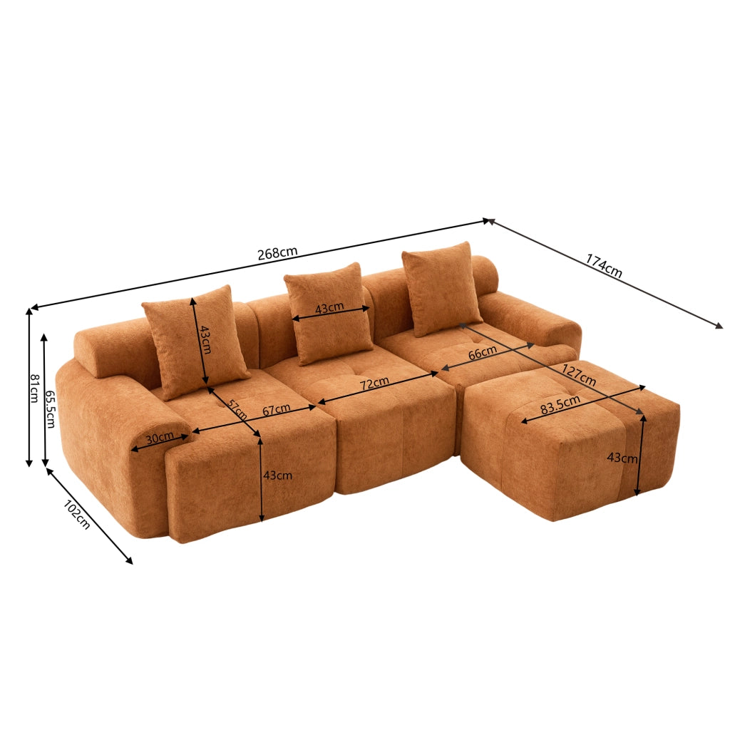 Divano angolare modulare in tessuto con schiuma memory, seduta confortevole, senza montaggio, arancione 268 × 102 × 78 cm