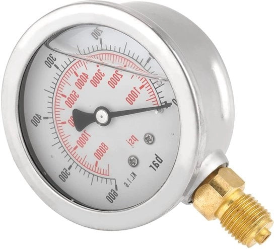 Manometro idraulico per visualizzazione e misurazione della pressione di acqua contenente glicerina - Metro con G 1/4 NPT doppia scala - 63 mm - Strumento multifunzionale pneumatico e idraulico