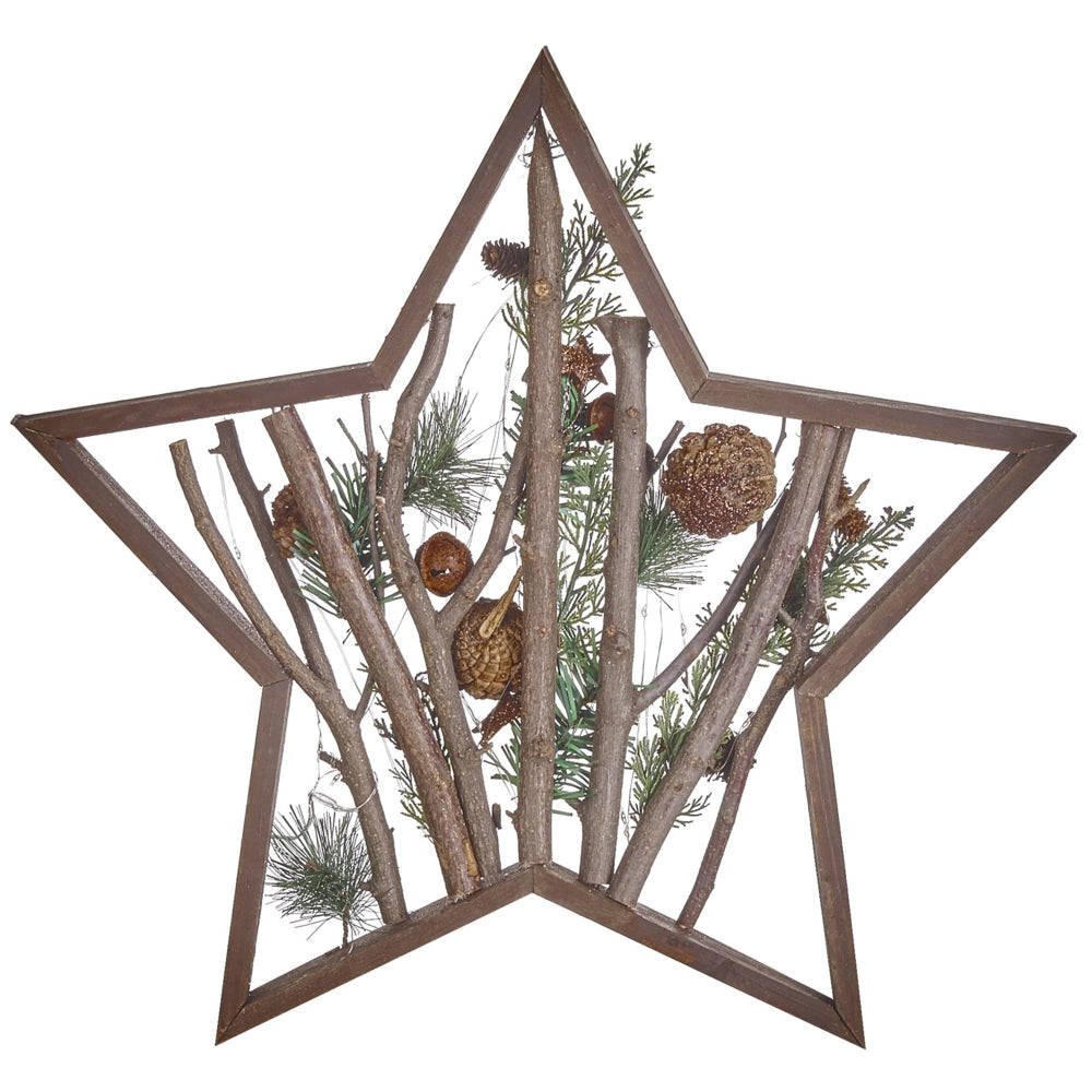 Figura decorativa legno stella di natale LED 46 cm con pigne legno scuro design rustico boho