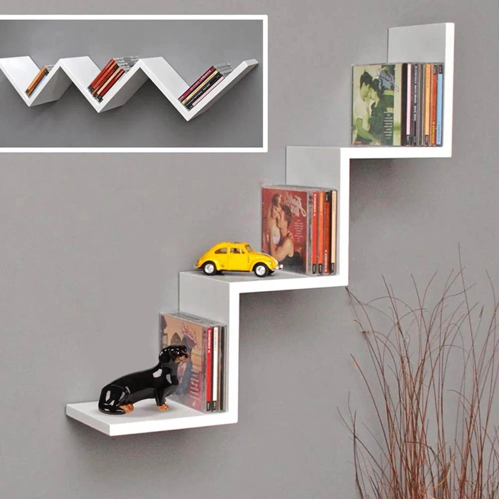 Mensola Parete Moderna Design Zig Zag 59x12x12 cm Scaffale 3 Ripiani in Melamina Bianco