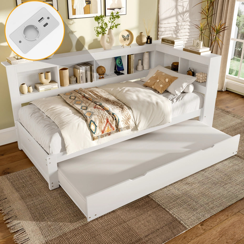 Divano letto estraibile 90 x 200 cm con prese e USB, bianco