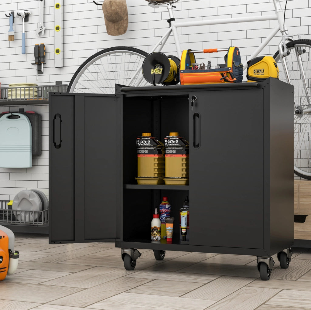 Armadio contenitore in metallo con ruote, 75 × 42 × 88 cm, nero, con ripiani regolabili e chiusura