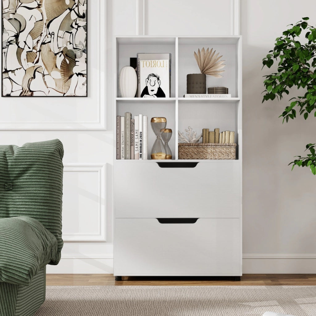 Libreria a 4 cubi con 2 cassetti scaffale alto a 5 ripiani da 130 cm, Libreria moderna a cubi aperti per soggiorno Bianco-Librerie