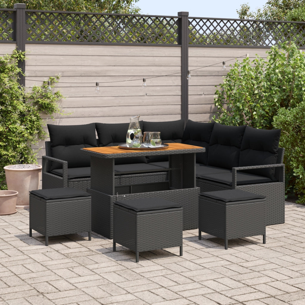 Set Divano da Giardino  9 Pezzi con Cuscini Nero Polyrattan Acacia