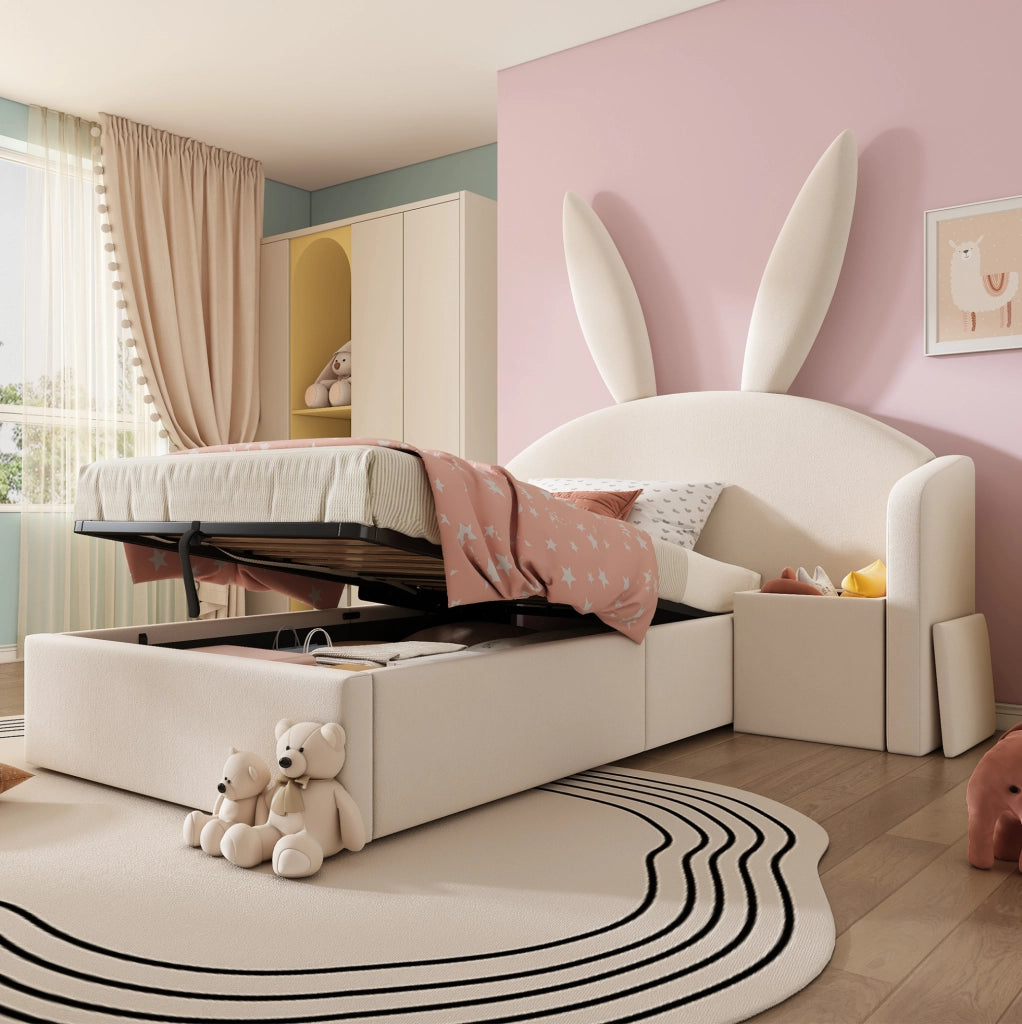 Letto junior 90x200 cm in velluto beige con contenitore; comodino integrato e design con orecchie