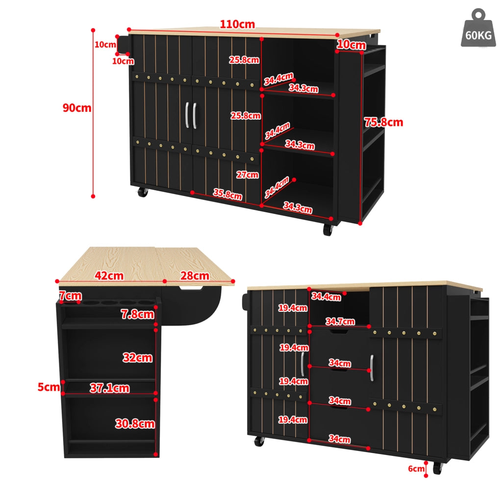 Isola da cucina 110x42x90 cm con piano ribaltabile e ante scorrevoli in MDF nera