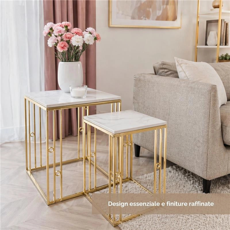 2 TAVOLINI QUADRATI IN METALLO E PIETRA SIMIL MARMO MISURE 42X42X58CM/36X36X50CM