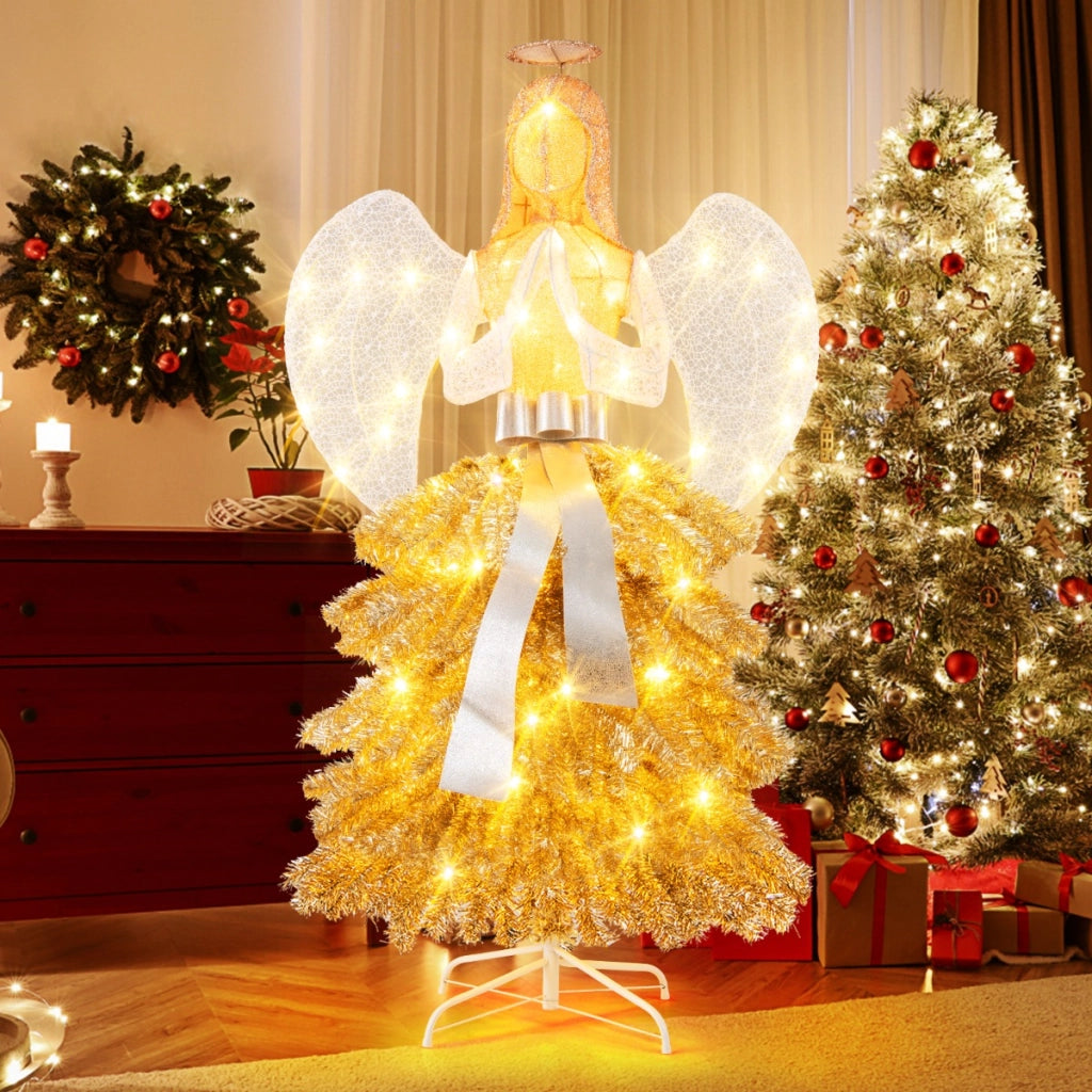 Albero di Natale artificiale luminoso con angelo da 157cm, Decorazione natalizia con luci led base in metallo