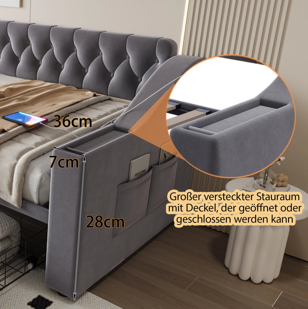 Divano letto imbottito con 2 cassetti contenitore; USB e Type-C; 90x190 cm; velluto grigio scuro