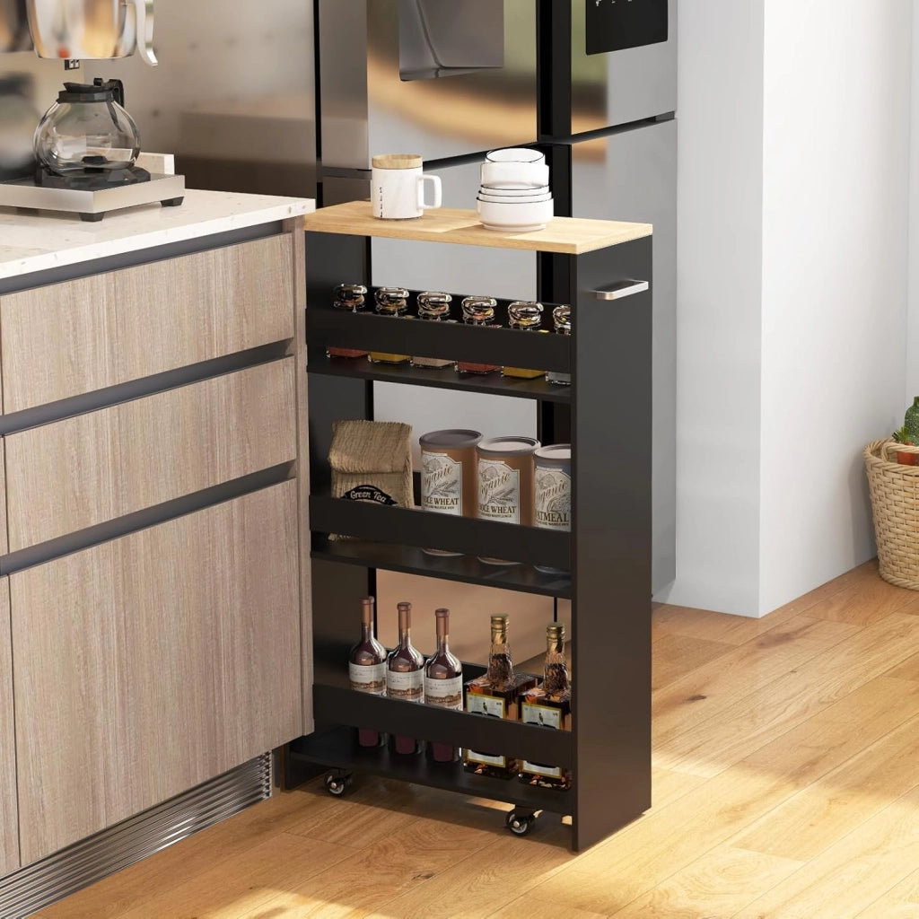 Carrello da Cucina a 4 Ripiani, Carrello in Legno con 4 Ruote Universali, Carrello Scaffale Stretto Salvaspazio con Manico per Bagno, Ufficio, Officina, 47,5 x 20 x 80,5 cm (Nero)