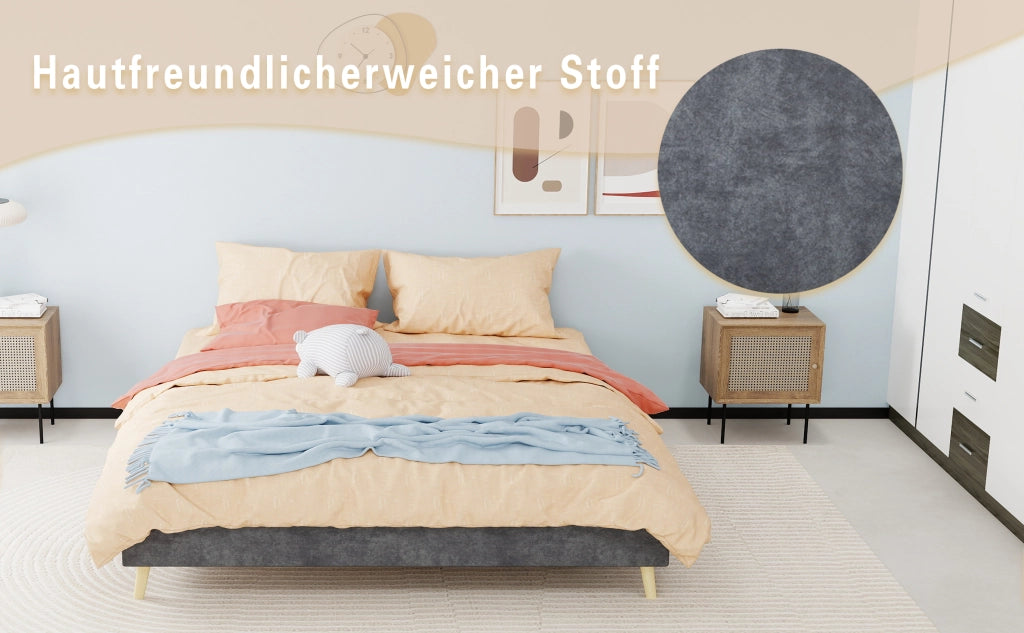 DESMIU Letto matrimoniale 160 × 200 cm senza materasso, in tessuto e metallo, grigio