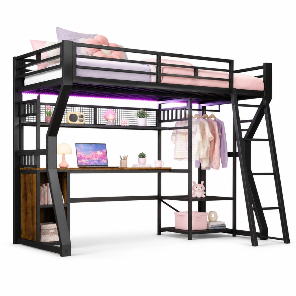 Letto a soppalco 90x200 cm con scrivania, luce LED, presa e appendiabiti nero