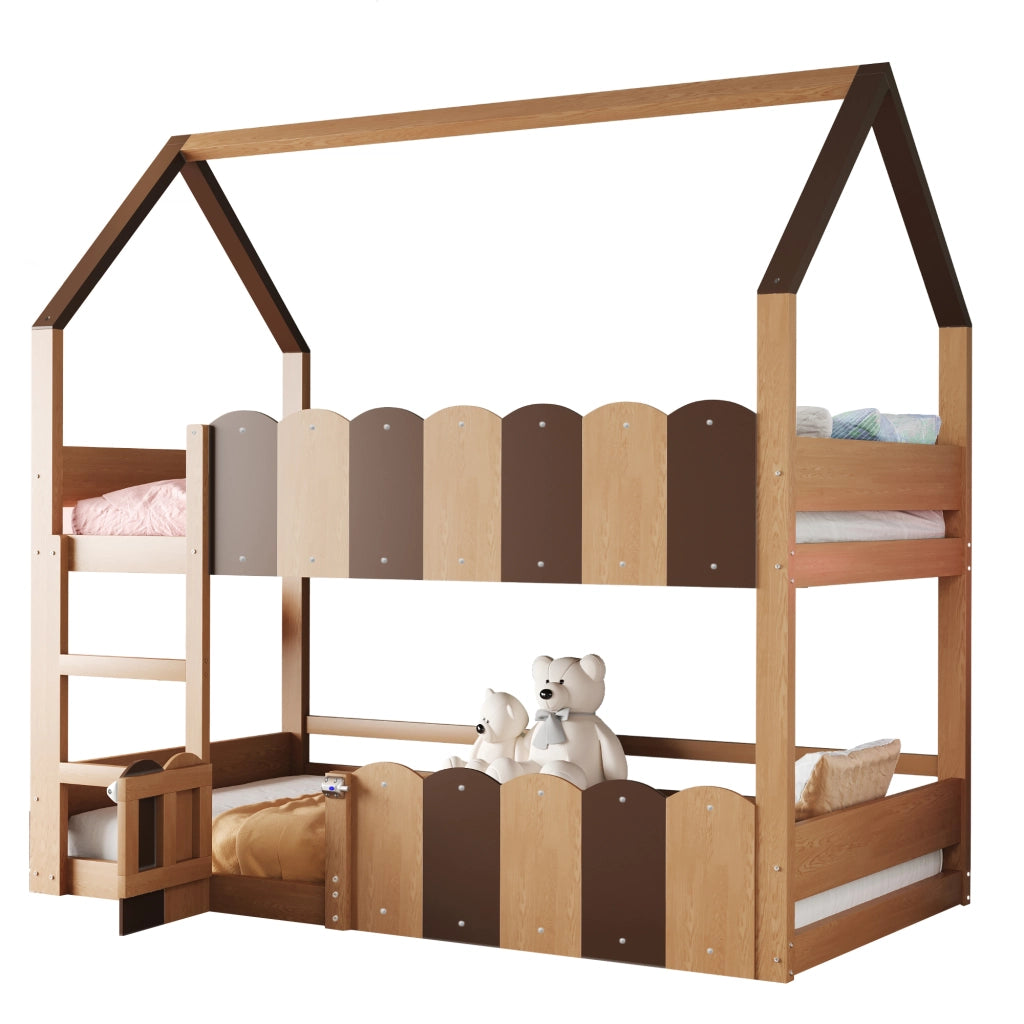 Letto a Castello 90 x 200 cm con Sponde e Porta Frontale; in Legno; Colore Naturale
