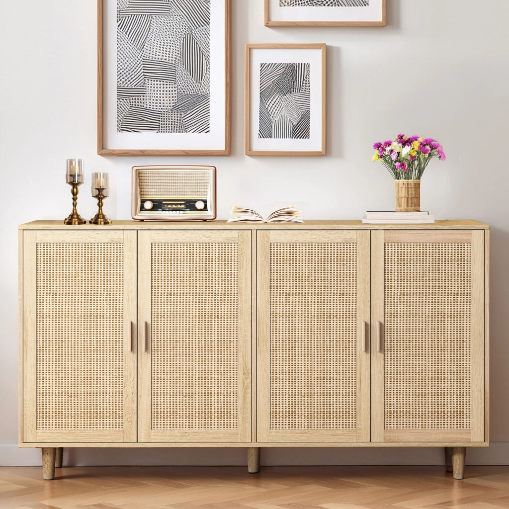 Armadio contenitore a 4 ante in rattan naturale 158 x 40 x 88 cm con ripiano regolabile