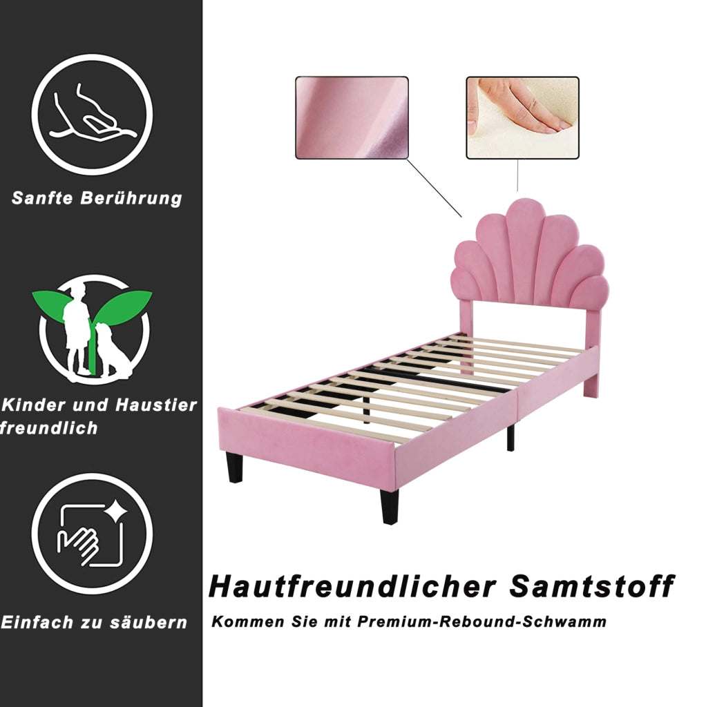 Letto imbottito 90x200 cm in velluto rosa con testiera a fiore e rete a doghe