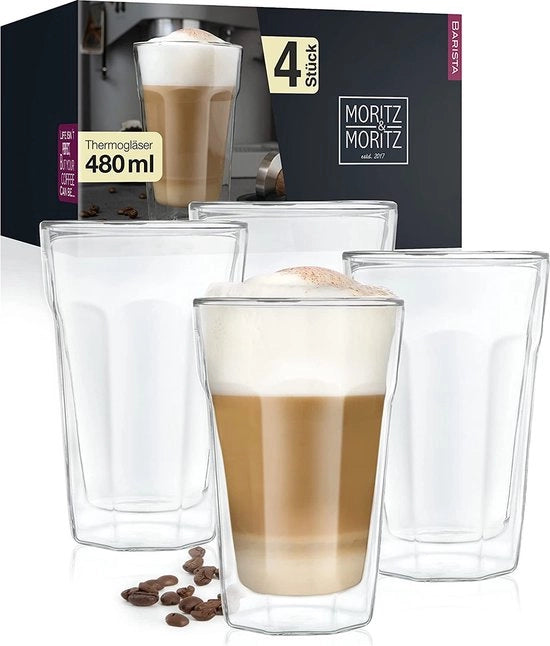 Set di bicchieri 4 x 480 ml bicchieri per latte macchiato bicchieri in vetro doppio – bicchieri in vetro doppio per caffè, tè, long drink o dessert – resistente alla lavastoviglie