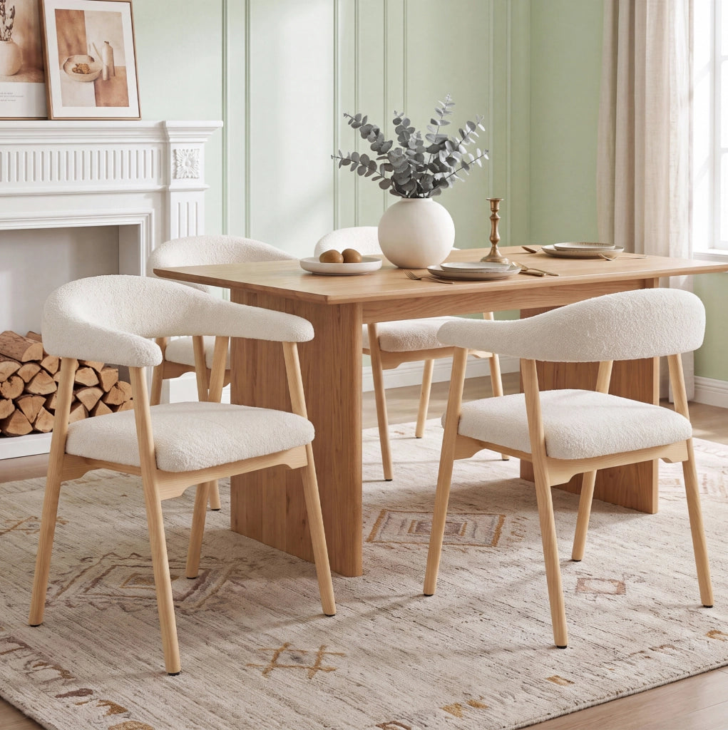 Set di 2 sedie da pranzo 78.99x58.5x29.11 cm con schienale ergonomico C in bouclé; legno naturale