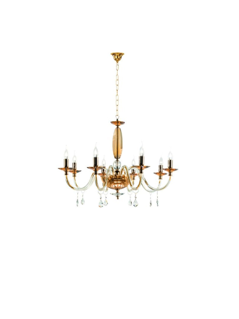 LAMPADARIO CECILIA 8 LUCI VETRO E CRISTALLO AMBRA E TRASPARENTE ATTACCO E14 D.85CM
