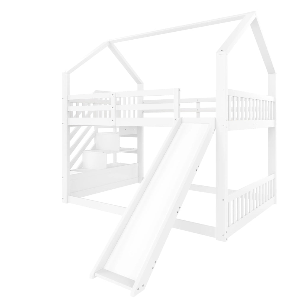 Letto a castello 140x200 cm con scala contenitore e scivolo; in legno di pino; bianco (Senza materasso)