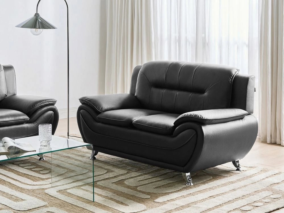 Divano a 2 posti in ecopelle vegana nero con braccioli e gambe in metallo argentato facile da pulire stile moderno e glamour per il soggiorno