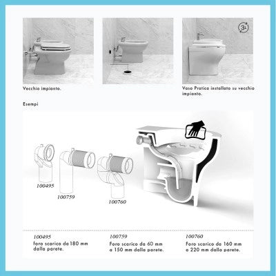 Sanitari filo muro traslati rimless Azzurra Pratica con sedile rallentato