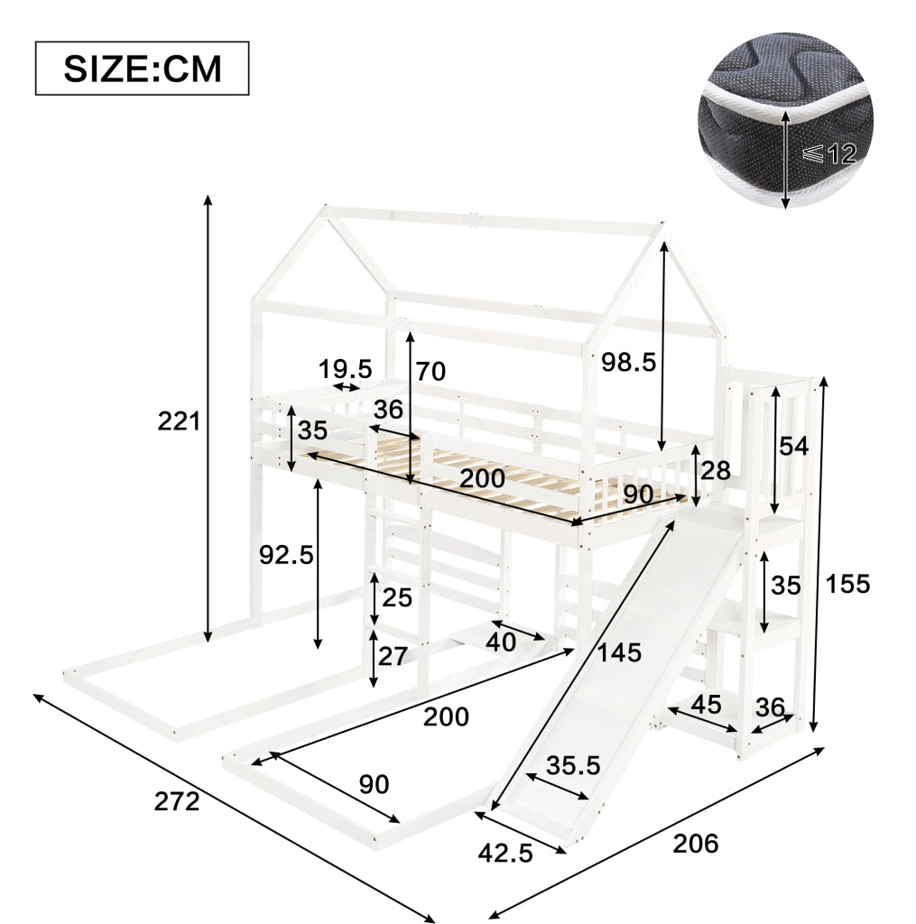 Letto a castello per bambini con scivolo, 3 posti letto e tetto bianco 90x200 cm