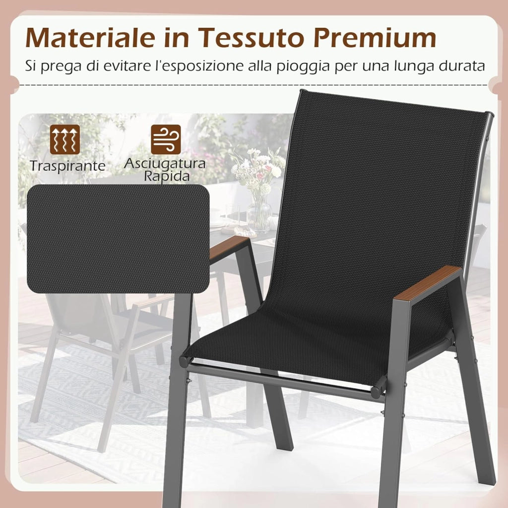 Set di 2/4 Sedie da Giardino, Poltrone in Tessuto Textilene per Esterno, Sedie Impilabili con Gambe in Metallo, Portata 180 kg, 56 x 66 x 88 cm (Nero,4)