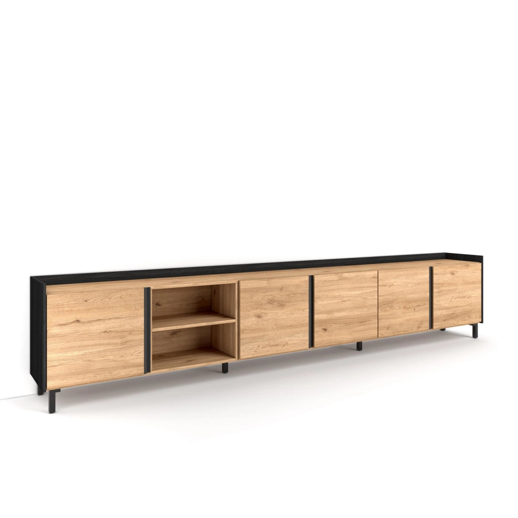 Mobile TV Soggiorno, 309x61x35 cm, Per TV fino a 80", Design industriale, Rovere e nero