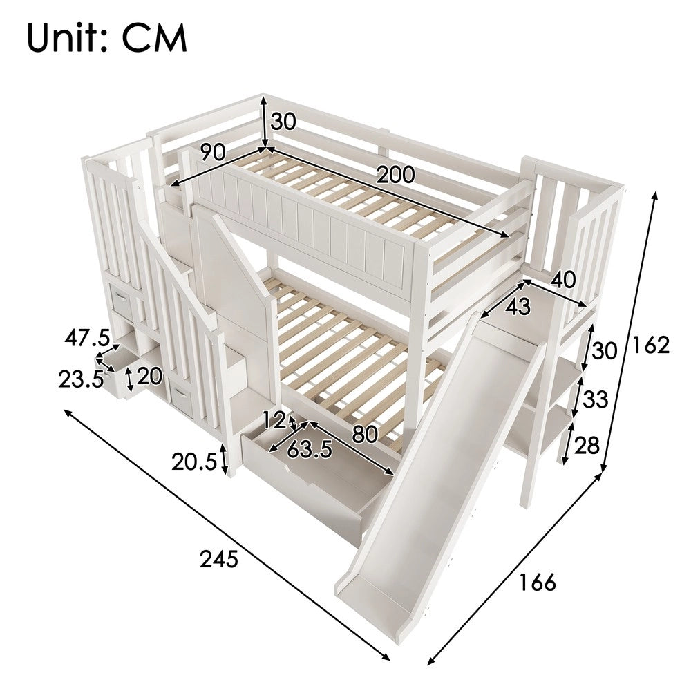 Letto a Castello per Bambini con Scivolo, Cassetti e Scala ¨C Xylo ¨C Bianco 90x200
