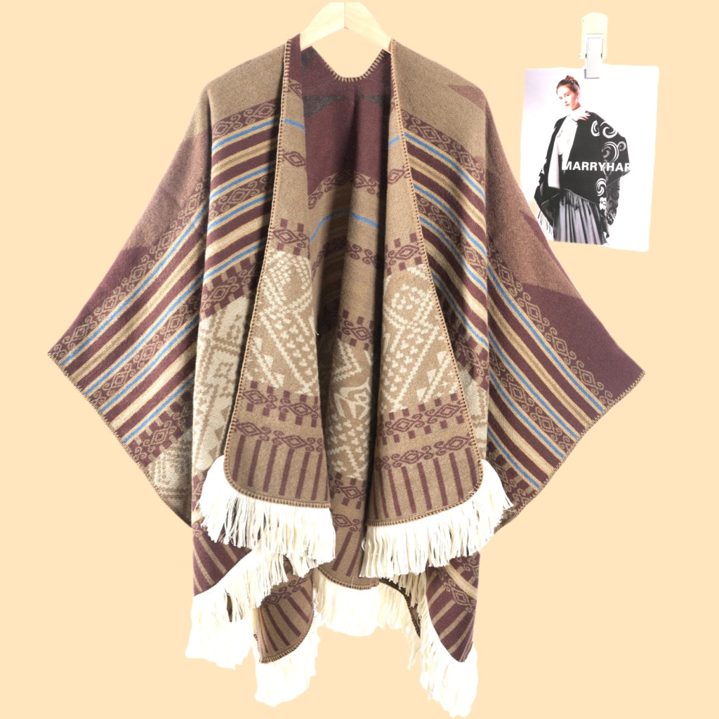 Sciarpa da viaggio da donna in stile vintage con frange, mantello esterno, cappa