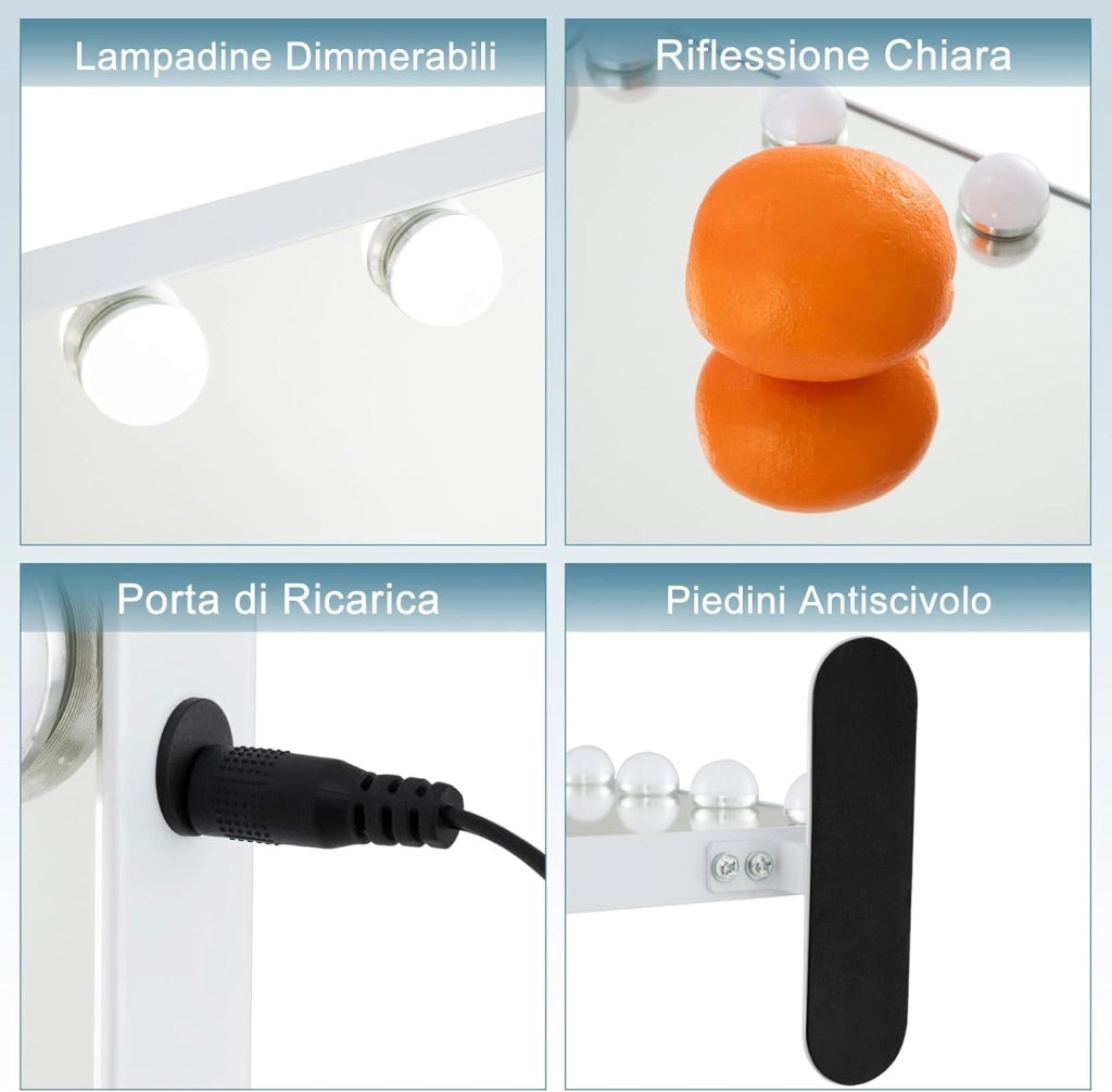 Specchio LED da Tavolo o da Parete, Specchio Rettangolare con 3 Colori, Controllo Touch Intelligente, Specchio da Trucco per Bagno Spogliatoio, 50x40 cm