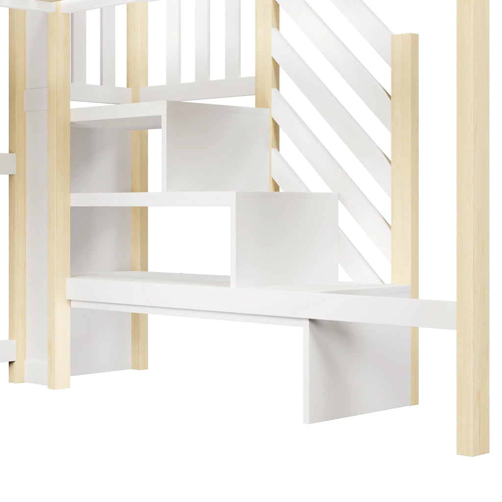 LETTO a soppalco 140x200 cm con LED, scala contenitore, bianco e naturale