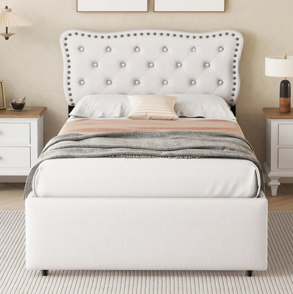 Letto imbottito 90x200 cm con 2 cassetti, beige chiaro