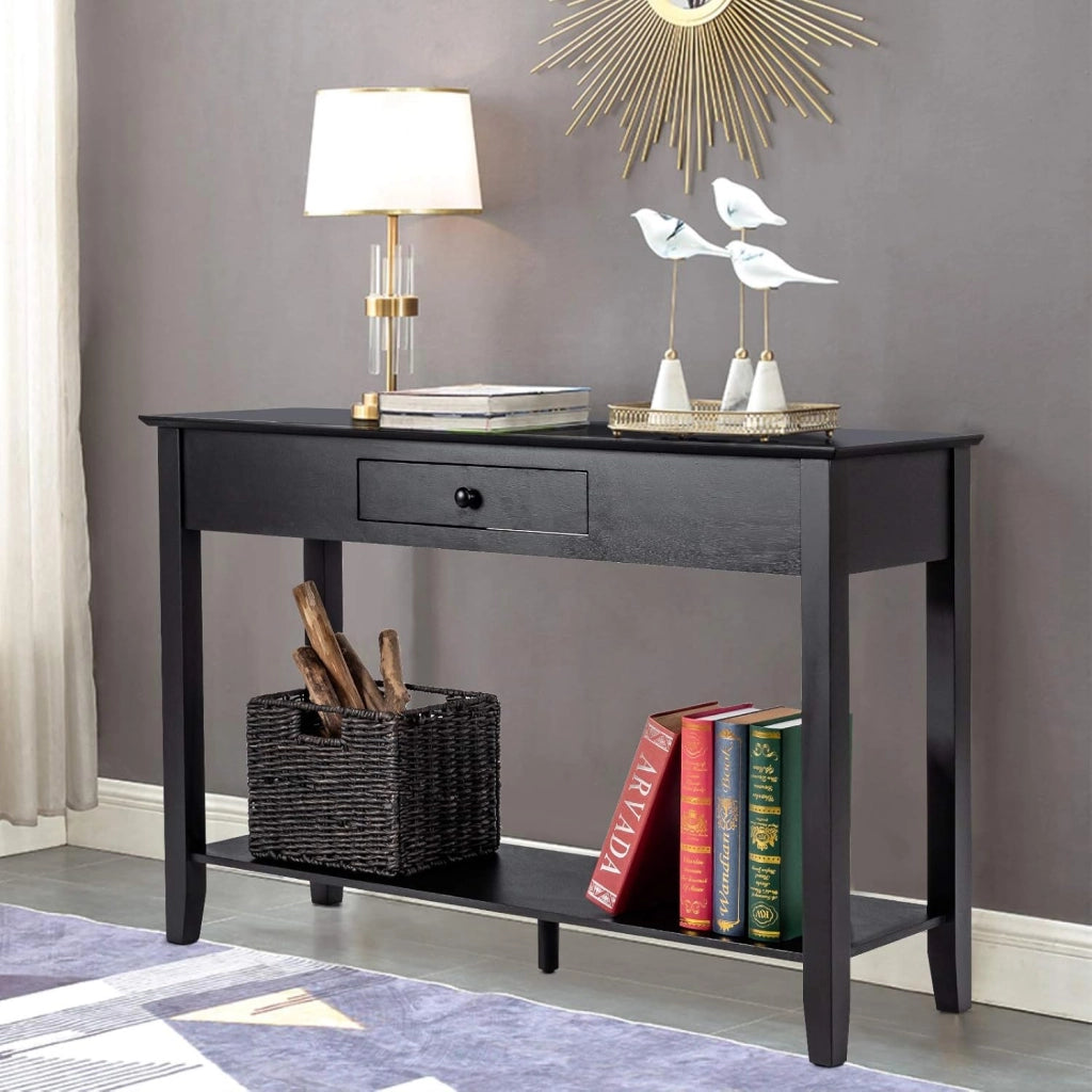 Tavolo consolle con cassetto, ripiano e piattaforma di visualizzazione a 2 ripiani in legno per ingresso, corridoio, soggiorno, camera da letto, tavolo multifunzionale per ingresso (nero)