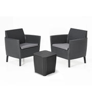 Salottino da Esterno Salemo Balcony Set 3 Pezzi in Resina Effetto Rattan con Tavolino Contenitore e 2 Poltrone con Cuscini Colore Graphite Keter
