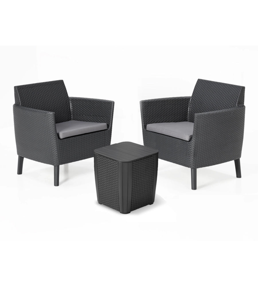 Salottino da Esterno Salemo Balcony Set 3 Pezzi in Resina Effetto Rattan con Tavolino Contenitore e 2 Poltrone con Cuscini Colore Graphite Keter