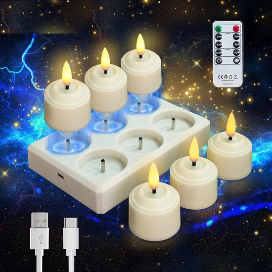 Televenditore LED oplaubbare con stazione di ricarica, telecomando e timer. Candelabra elettronica ricaricabile, luce calda bianca, con cavo USB, 4 x 5,8 cm (diametro x altezza).