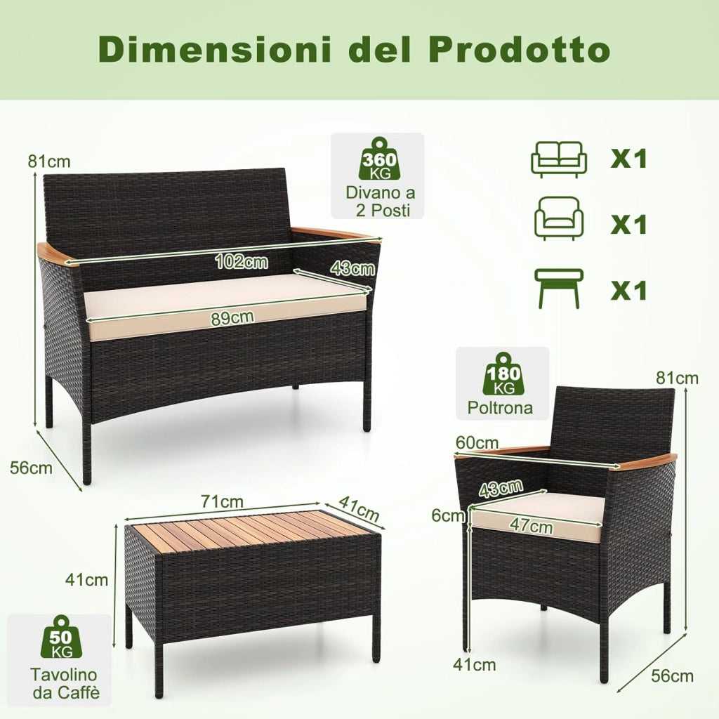 Salotto da Giardino Esterno 4 Pezzi in Rattan, Set da Conversazione da Esterno con 1 Tavolino Basso, 1 Divanetto e 2 Sedie, Cuscini Sfoderabili, per Patio, Balcone, Piscina