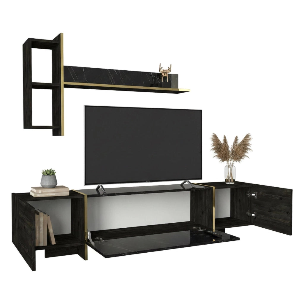 Mobile porta TV Beinasco, Credenza da soggiorno, Armadio basso per TV, Base parete attrezzata, 180x32h45 cm, Nero e Oro