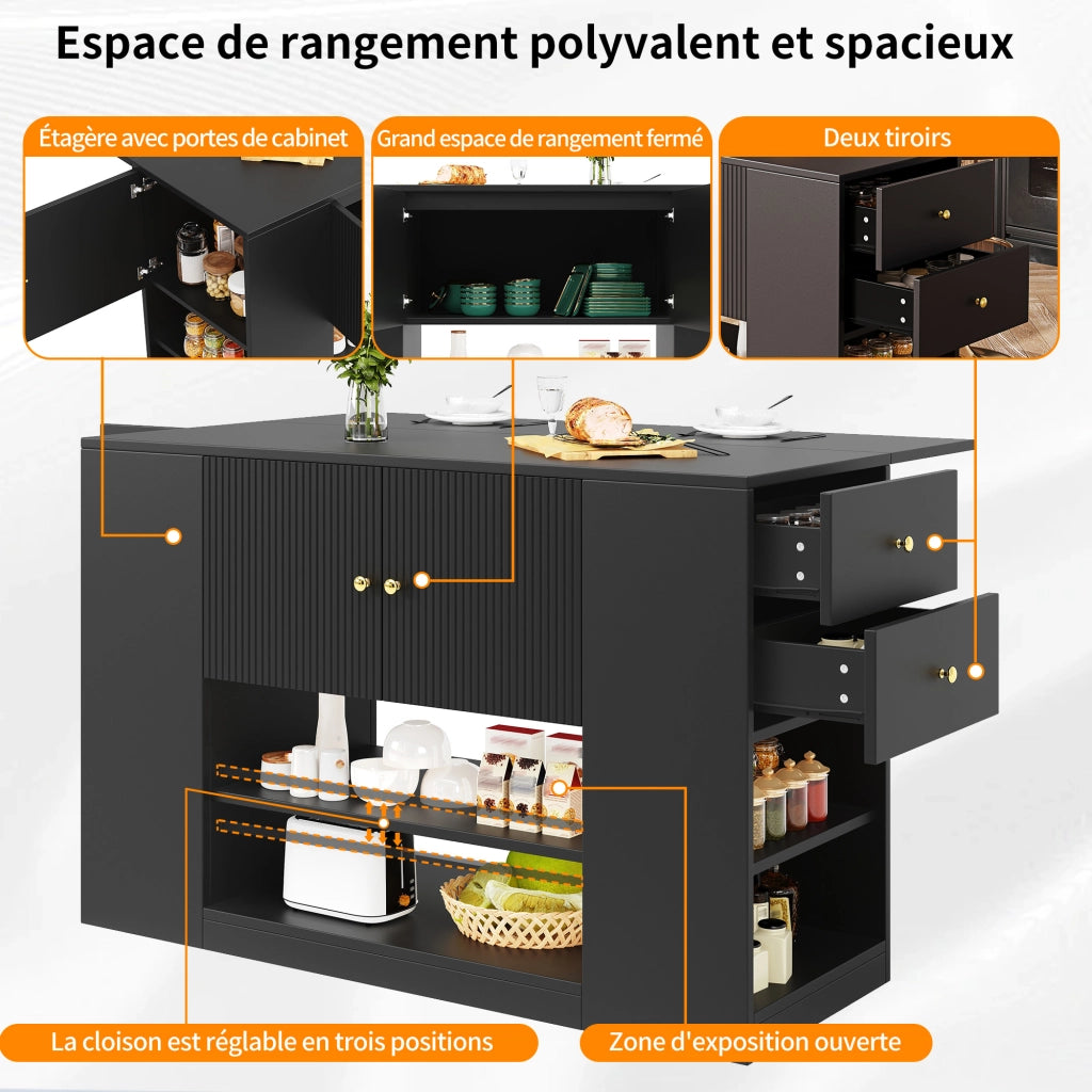 Isola da Cucina con 2 Ante 2 Cassetti e Ripiani Piano Ribaltabile in MDF 140 x 40 x 90 cm Nero