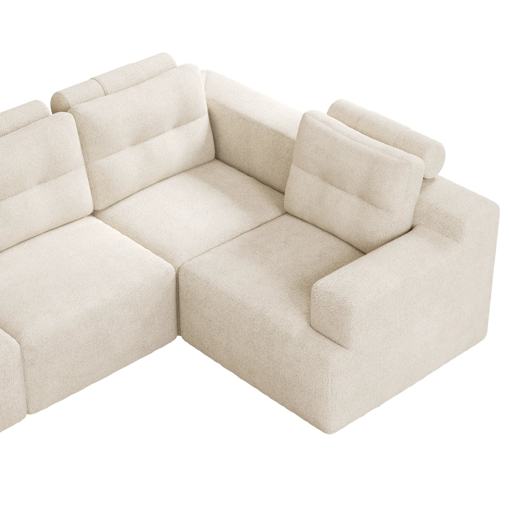Divano modulare a U componibile con poggiatesta alto e pouf design senza telaio senza montaggio in chenille beige