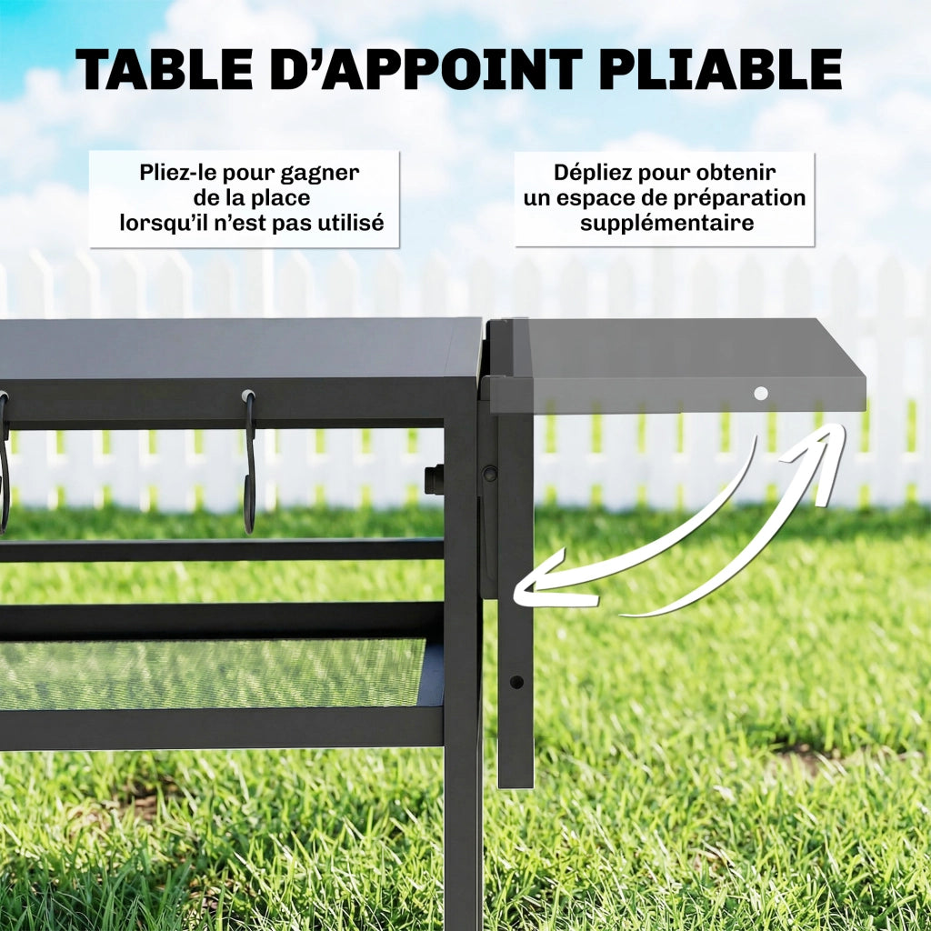 Carrello barbecue da giardino con ripiano laterale pieghevole ¨C zephmum ¨C nero, 133x48.5x82 cm