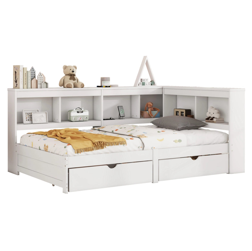 Letto daybed 90x200 cm con 2 cassetti; presa e 2 USB; ripiani laterali; bianco