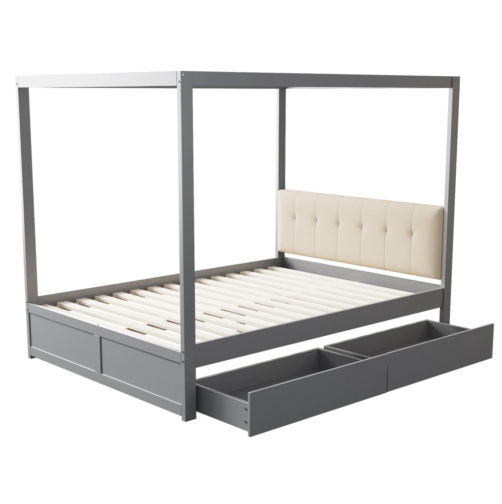 Letto a casetta 140x200 cm in legno grigio con testiera imbottita e 2 cassetti