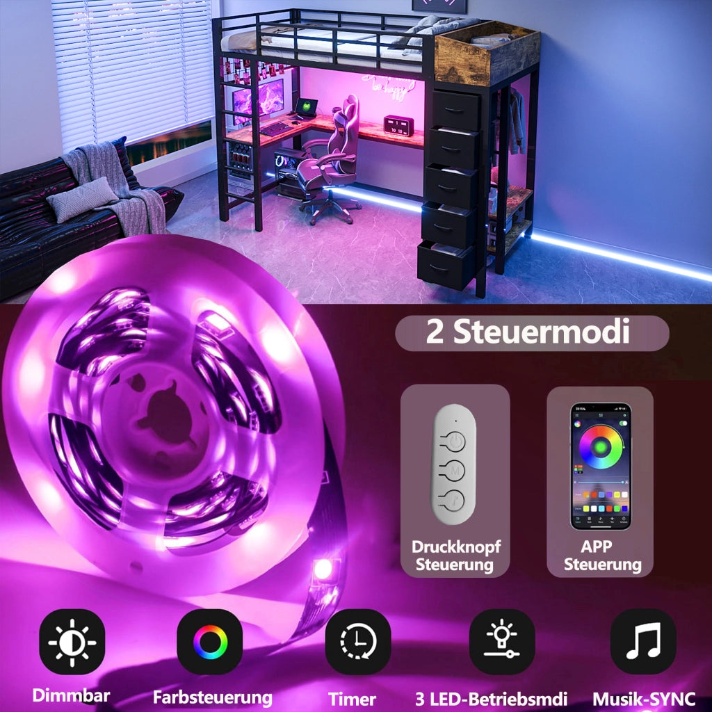 LETTO a soppalco 90x200 cm in metallo nero con scrivania, LED e contenitori