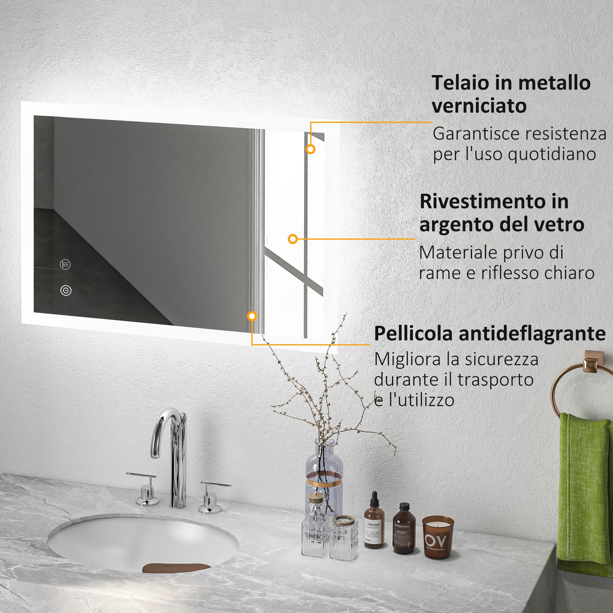Specchio Bagno con Luci LED  3 Tonalità 70x50 cm Controllo Touch e Design Antiappannamento