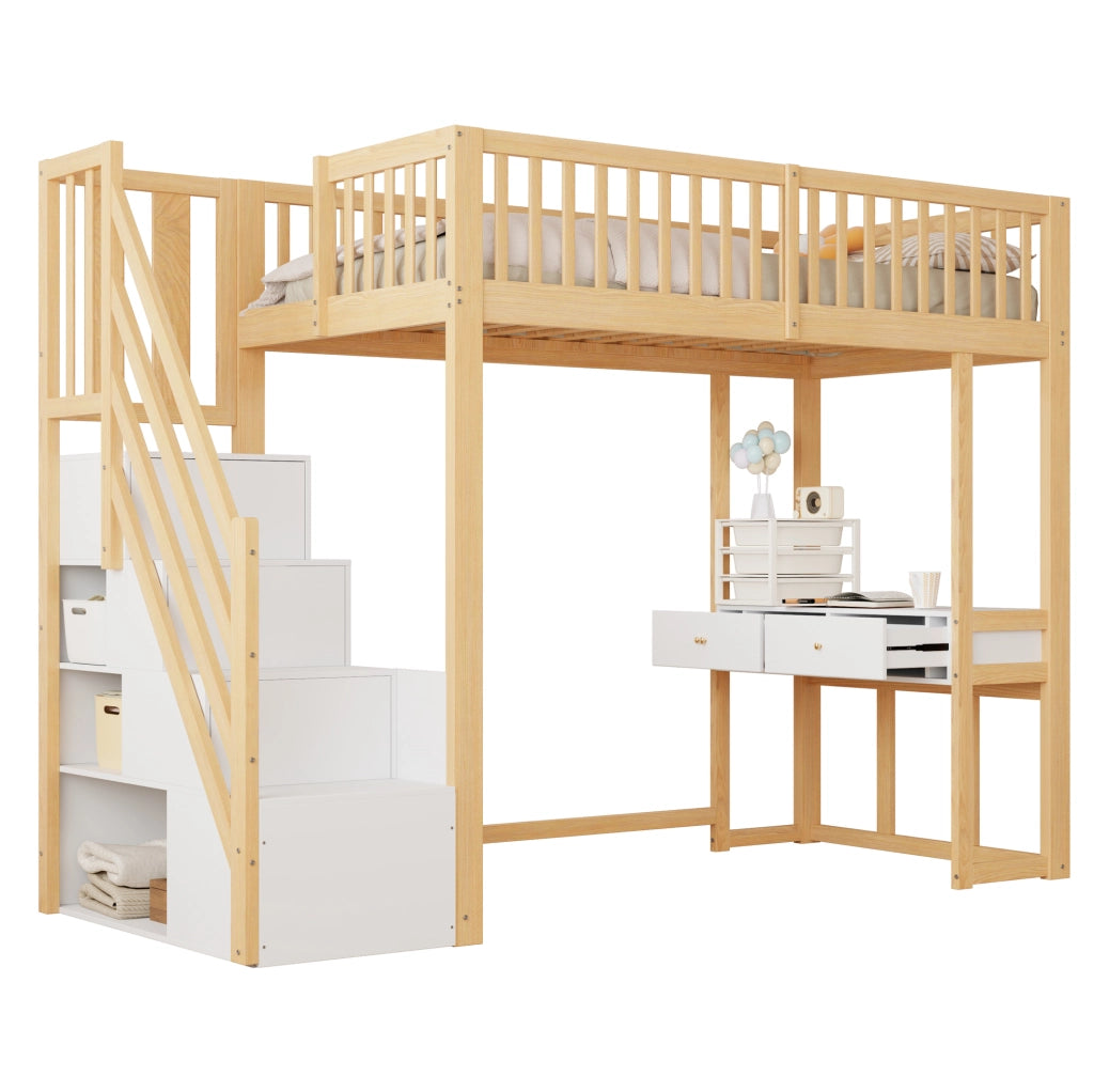 Letto a soppalco 90x200 cm con tavolo multifunzione; scala contenitore; in pino bianco e rovere chiaro